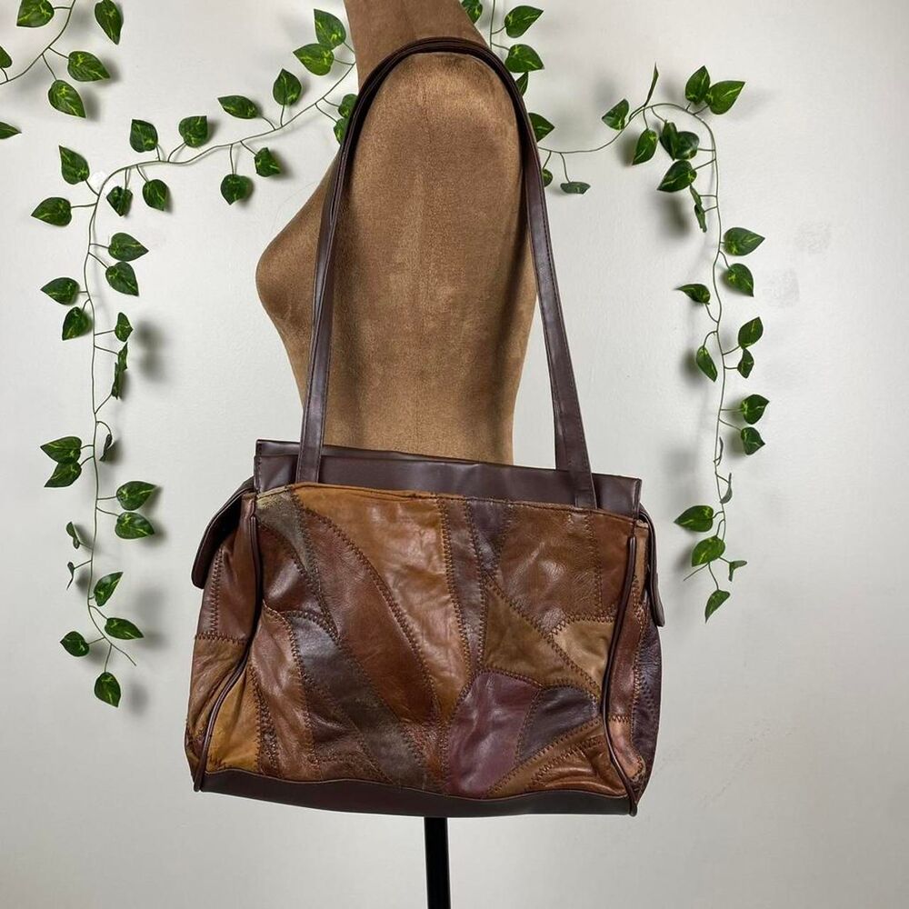 Vintage-inspired brown Patchwork faux leather boho shoulder bag fairy cottage